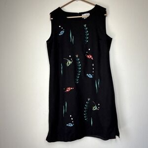 Vintage Ultra Dress 12 Linen Black Sheath Fish Embroidered Wearable Art Tropical